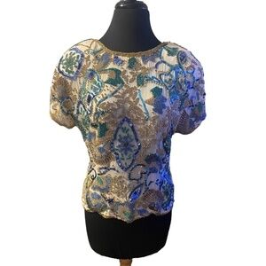 Vintage Black Tie Top Sequin Flowers Silk Beaded Size Medium